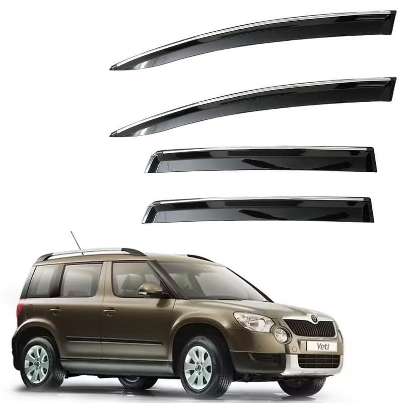 Image of CAR SAAZ Unbreakable Side Window Door Visor for Yeti (2010-2018) | Chrome Smoke Finish | Rain & Wind Deflector - Set of 4 Pcs