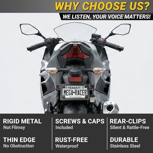 Image of Premium Motorcycle Carbon Fiber Design License Plate Frame, Rust-Free Stainless Steel, Rattle-Free & Street Legal, Universal Fit Tag Holder for Harley Davidson, Bike & Scooter, Porta Placa para Moto