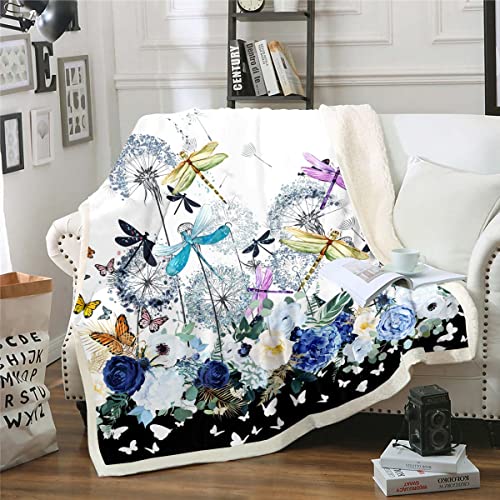 Dragonfly Blanket Dragonfly Gifts For Women,Dandelion Fleece Blanket Colorful Butterfly Dragonflies Blanket,Floral Throw Blanket Botanical Bed Blanket Rustic Aesthetic Animal Sofa Decor 60"X80" #TOP22