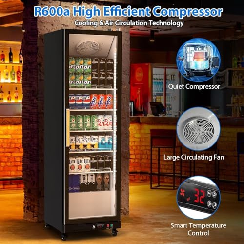 Image of Commercial Refrigerator 25.5 Cu.ft Glass Door Fridge, Display Beverage Cooler with LED, Adjustable Shelves, Upright Freezer for Restaurant, Bar, Convenience Store, Home, Black