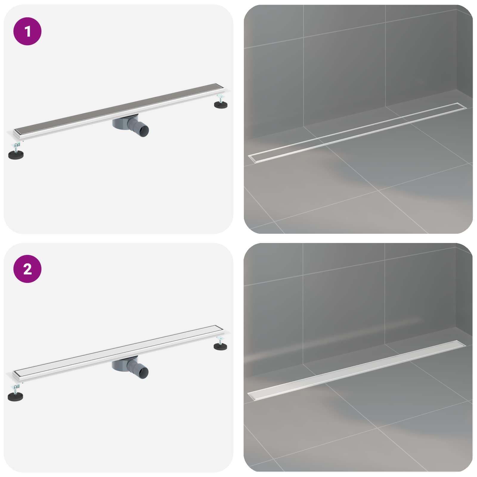 Desagüe de ducha 2 en 1 con sifón plateado 360°, 100 cm, acero inoxidable 304, altura regulable de 0 a 30 mm, apto para azulejos, extraíble para interiores y baños modernos