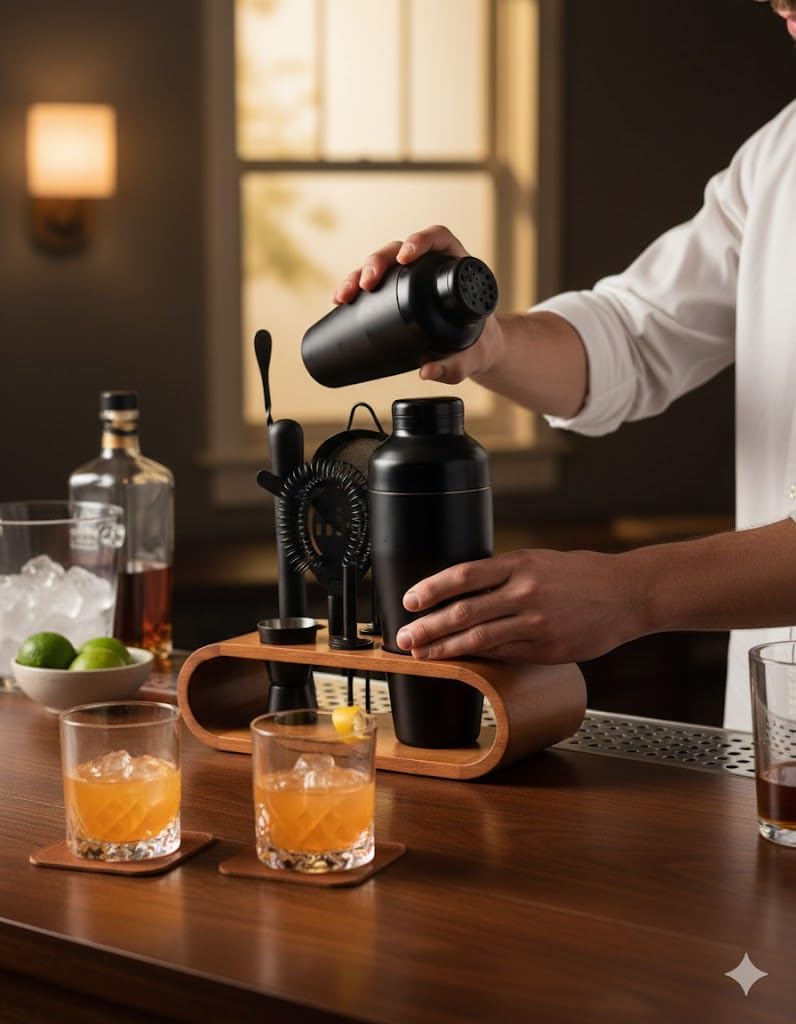 Spicy Tabanca: Carnival Cocktail Symphony Sets (The Mixmaster Noir Set, 9 Pieces) 9-Piece Cocktail Shaker Set with Wooden Stand
