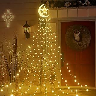 Qelus LED String Waterfall Christmas Tree Lights, 8 Modes Timer Waterproof 350LED String Light with Moon Star for Yard Party Home Holiday Decoration (Warm White)