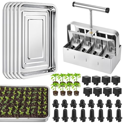 CraftyDream Soil Blocker with 5 Large Stainless Steel Seedling Trays 8 Cell Handheld Seed Blocker 2' Quad Soil Block Maker with 3 Types Seed Pins Water Catch Trays for Seeds Stater Pot Transplant Tray