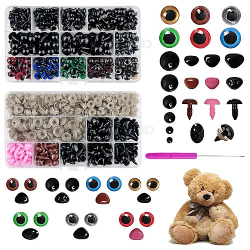 Chiluxendo Yeux et Nez de Securite avec Rondelles, Yeux et Nez en Plastique Coloré pour DIY Amigurumi, Crochet Artisanat Poupée Animaux, Ours en Peluche,...