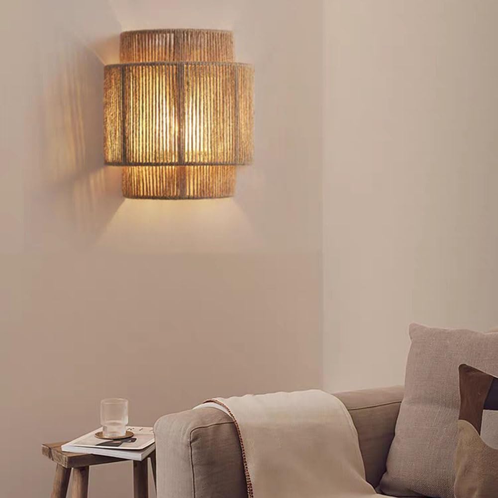 Innen Boho Wandleuchte Vintage Hanfseil Wandlampe Handgewebter Wandlicht aus Naturmaterial E27 Innen Dekoration Wandbeleuchtung Rattan Bambus für Wohnzimmer Schlafzimmer Heim Esszimmer