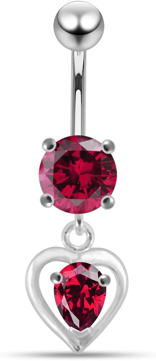 Round with Cut Out Heart Dangling Design 925 Sterling Silver with Stainless Steel Belly Ring - Belly Button jewelry - Navel jewelry