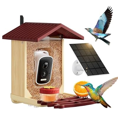 Bird Feeder with Camera, 2.5K HD Smart Bird Feeder Cam Outdoor with AI Recognition, Instant Arrival Alerts, Auto Capture Birds Videos, IP66 Waterproof Solar Powered, Ideal Gift (Red)