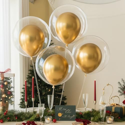 Image of Wanna Party Pack of 5 Bobo Balloons 20 Inch Helium Style Transparent Bubble Clear with 5 Gold Metallic , Gifts for Christmas,Wedding,Birthday, Anniversary Party Decorations