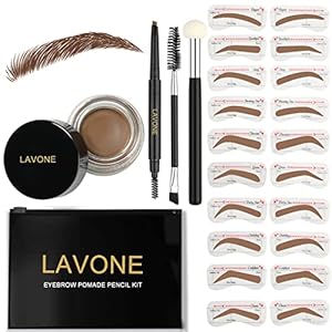 LAVONE Eyebrow Stamp Stencil Kit, Brow Stamp Trio Kit with Waterproof Eyebrow Pencil, Pomade, 20 Eyebrow Stencils, Dual-ended Eyebrow Brush and Sponge Applicator – Soft Brown