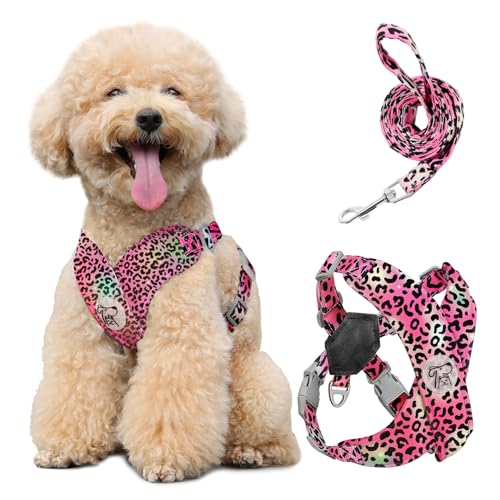 Pawaboo Set di Pettorina e Guinzaglio per Cani, Imbracatura Cani Traspirante Senza Tirare Gilet per Canis di Piccola e Media Taglia Pettorina di Sicurezza con Strisce Riflettenti, M, Leopardo Magenta