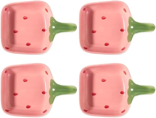 Encantadores platos de cerámica de fresa con asa, platos de condimentos, platos de salsa, cuencos para sushi, platos de aperitivo, platos multiusos