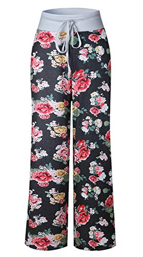 Image of Elsofer Women's Comfy Lounge Pants Soft Floral Pajama Pants Loose Drawstring Wide Leg Palazzo Pants for Sleep, Casual Wear