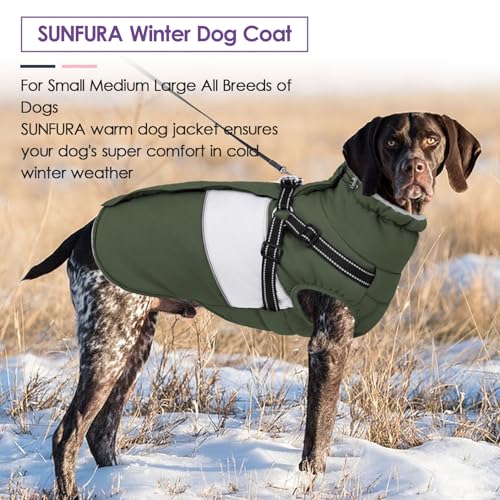 Image of Dog Jacket, Large Dog Coat with Harness Built in, Warm Pet Winter Jacket Zippered Snow Coat with Furry Collar, Waterproof Fleece Snowsuit for French Bulldog, Army Green L