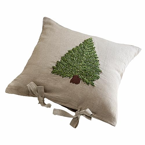 Loberon Kissenhülle Amuré, Tannenbaum-Motiv, von Hand Bestickt, weihnachtliche Textilien, Weihnachtsstimmung, Weihnachtsdeko, Weihnachten, Leinen, Baumwolle, leinen/grün