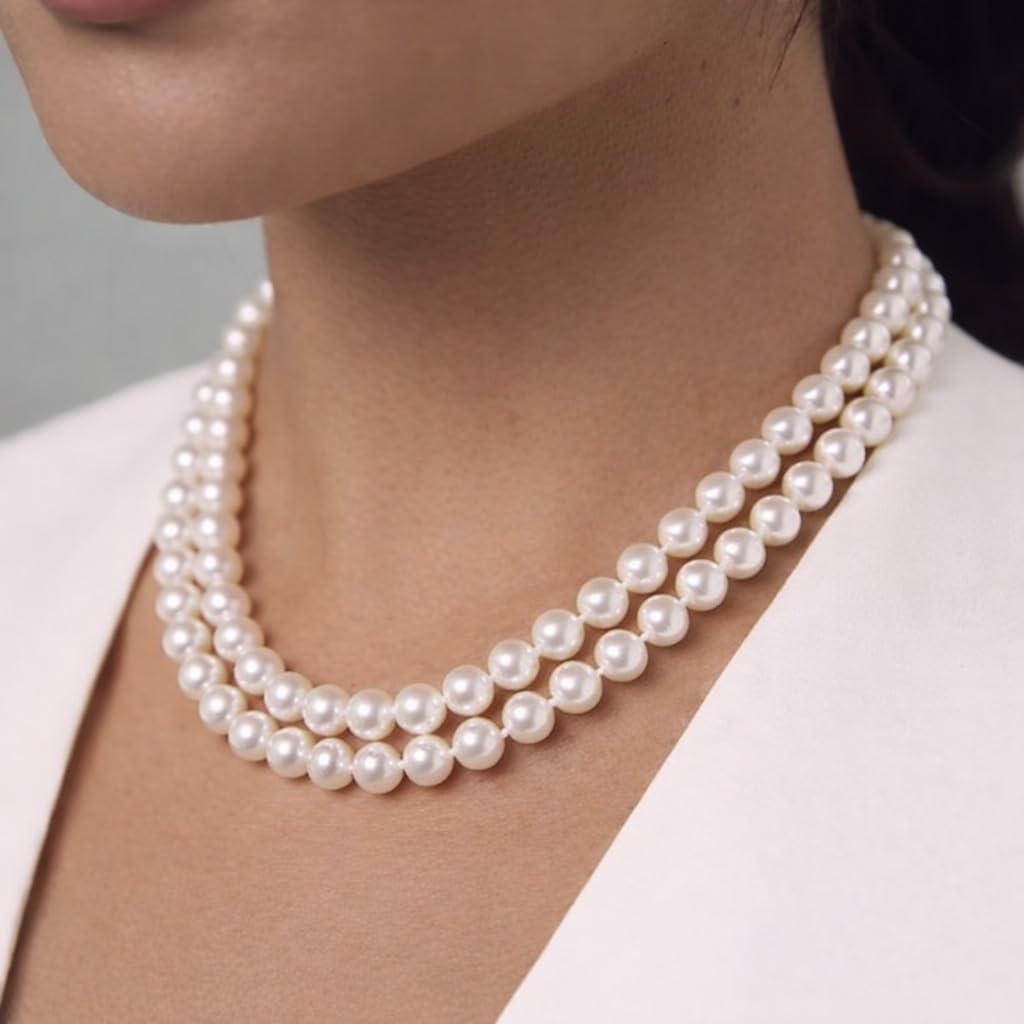 The Pearl Source Freshwater Pearl Double Strand Necklace for Women, White Cultured Pearl, 18 inch Princess Length, AAA Grade, Sterling Silver, Classic Fine Jewelry Gift for Women