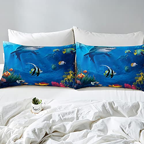 Kids Shark Bedding Sets Queen Blue Hawaiian Duvet Cover Set,Fish Bedspreads Beach Theme Quilt Cover Underwater Children Comforter Cover Ultra-Soft Brushed Microfiber Turtle Decor Bed Cover With Ties #TOP3