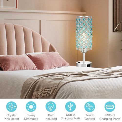 Image of Hong-in Blue Crystal Lamp Touch Control Set of 2, Crystal Table Lamps with USB C+A Ports & AC Outlet, 3-Way Dimmable Nightstand Touch Lamp, Modern Bedside Table Lamp for Bedroom(Bulbs Included)