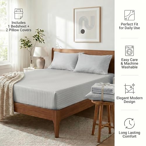 Image of Mafatlal Italian Strip Bedsheets with 2 Pillow Covers for King Size Bed | 210 TC Pure Cotton Flat Sheet Gray | 108 x 108 Inches| Everyday Comfort & Style