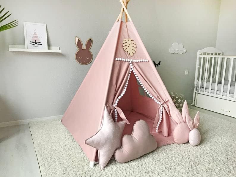 Miniatura 4 de Tienda Tipi para Niños con Pompón Blanco - Tipi de Juego Interior para Niños Niños Casa de Juegos Portátil (Rosa)