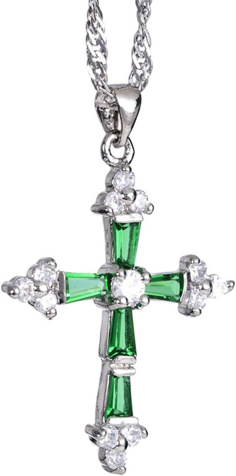 Faith Cross Necklace for Women - Trapezoid Round Cut Multi Color Birthstone Options - 18K White Gold Plated CZ Pendant, 18"+2" Chain - Gift Boxed for Her, Mother Birthday Anniversary