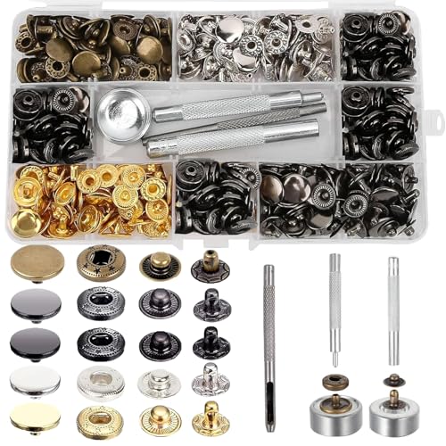 VEGCOO 324 Stück Set Druckknopf und Befestigungswerkzeug 15 mm 5 Farben Druckknöpfe aus Messing Metall Druckknöpfe mit Fixierwerkzeug Kit für Ledermäntel Jacken Jeans und DIY-Kleidung