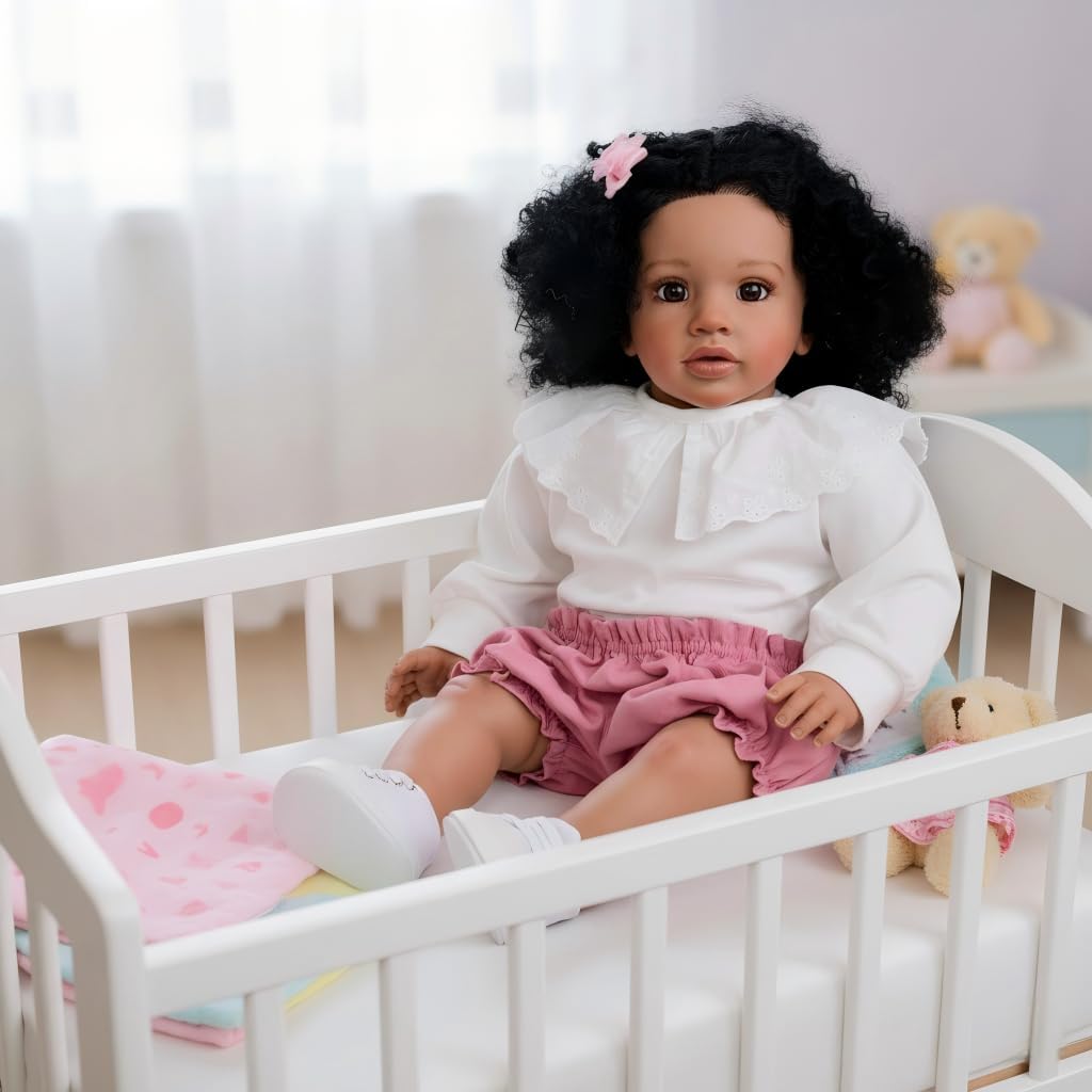 Pinky Lifelike Black Reborn Baby Dolls 26 Inch 68cm Baby Soft Body Realistic Newborn Baby Doll with Hair African American Real Life Baby Dolls Cloth Body Toy for Kids Age 3+