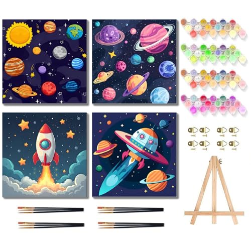 YarnWhimsy 4 Pack Paint by Numbers for Children with Wooden Frame Outer Space Painting by Numbers for Kids 6-12 DIY Planets Kids Paint by Number Acrylic Oil Canvas for Gift Home Wall Decor 20x20cm