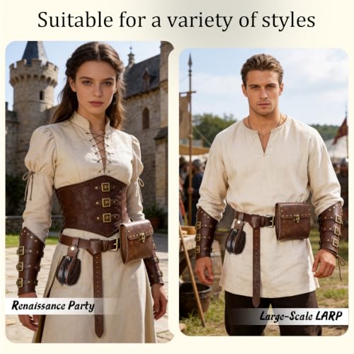 Image of Renaissance Belt Pouch Medieval Viking Leather Bracers Set for LARP