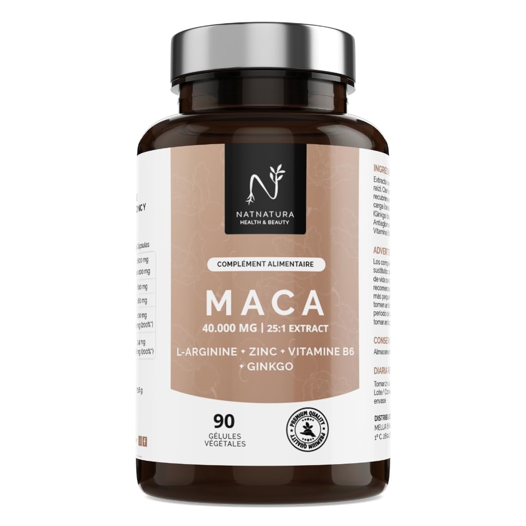 Maca Andina Ultra Concentrée 40.000 mg/jour 25:1 | L-Arginine, Zinc, Vit. B6 & Ginkgo – Énergie, Vitalité & Puissance Personnelle | 90 Capsules