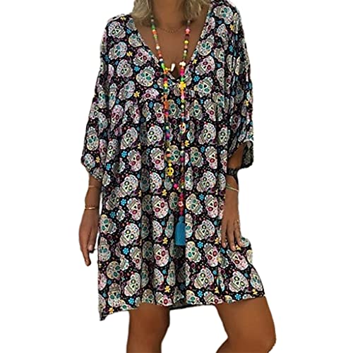 6Wcveuebuc Robe t-shirt ample et fluide pour femme - Grande taille - Col en V - Manches 3/4 - Motif floral - Pour Halloween - Tunique évasée - Taille S à 5XL Cover
