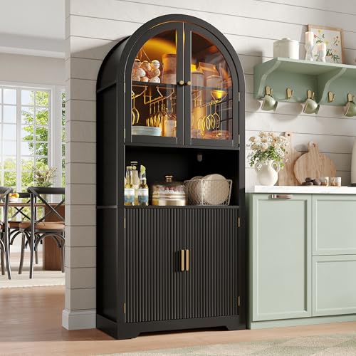 Maupvit 70' Tall Arched Wine Bar Cabinet with LED Light, Fluted Coffee Bar Cabinets with Stemware Rack, Kitchen Pantry Cupboard with Glass Doors, Liquor Cabinet for Home, Dining Room (Black)