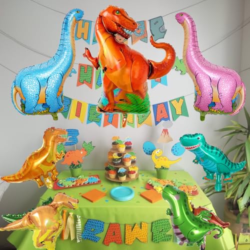 Image of Dinosaur Foil Balloons Set (12-50 in), 7 Pieces Large Dinosaur Aluminum Mylar Balloons for Kids, Giant Cute Birthday Dino Party Decorations for Boys Jungle Dino Theme Baby Shower Decor Supplies