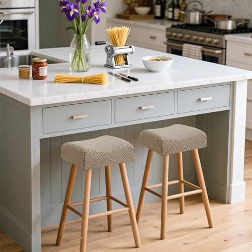 Image of Waterproof Bar Stool Covers Set of 2 Rectangle Camel Jacquard Stretchable Backless Barstool Seat Cover Counter Bar Stool Slipcovers Washable