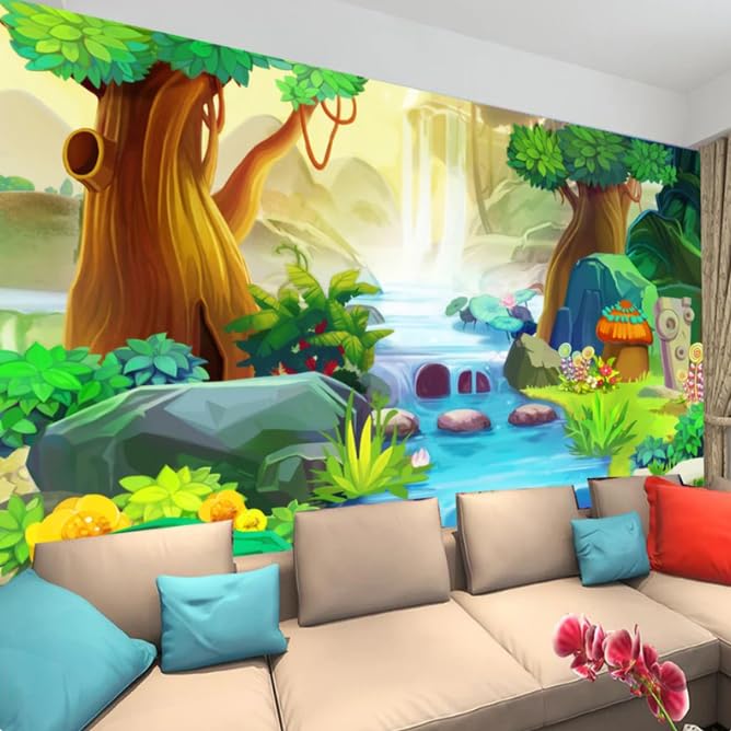 Papier peint mural grand arbre pour masquer un mur abîmé dans une chambre d'enfant