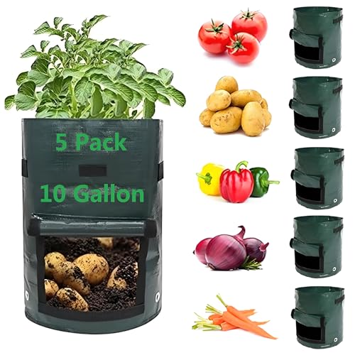 YOQXHY Potato Grow Bags (5 Pack 10 Gallon) Garden Vegetables Growing Planter with Handles and Access Flap for Planting Potato Carrot Onion Taro Radish Peanut (Dark Green)