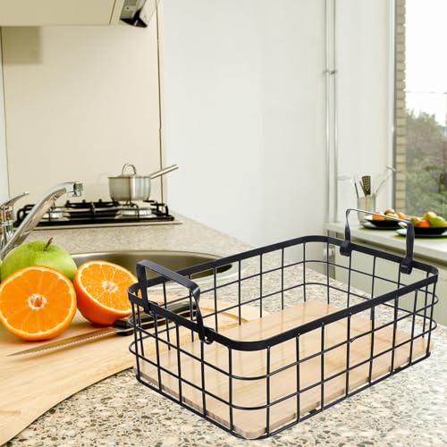 Cesta de almacenamiento de cocina con base de madera y asas de hierro para organizar verduras 7