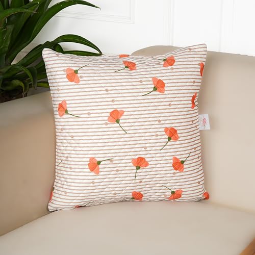 Image of STITCHNEST 'QuadraNest' Series Printed Quilted Velvet Cushion Cover 16x16 Inch Set of 2 | Premium Soft Fabric, Washable & Fade Resistant | Decorative Living Room Cushion Covers | Orange Floral