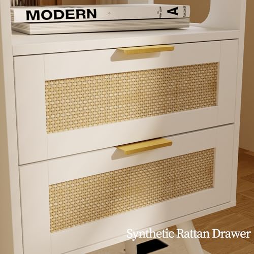 Image of JOONEE Rattan Nightstand with Charging Station,Farmhouse Bedside Table with 2 Storage Drawer and Open Wood Shelf, for Bedroom and Small Spaces,Night Stand with Solid Wood Legs (White-Outlet)