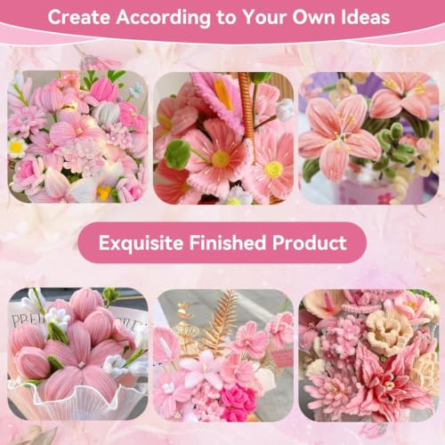 Image of YUNAMI Chenille Stems for DIY Flower Making - 400 Pcs Pipe Cleaners with Floral Wire, Tape, Stamen & Pearls - Premium Bouquet Supplies for Home Decor & Gifting (400, Pink)