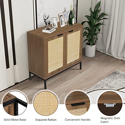 Anmytek Rustic Oak Accent Storage Cabinet With 2 Rattan Doors, Mid Century Natural Wood Sideboard Furniture For Living Room H0045 #TOP3