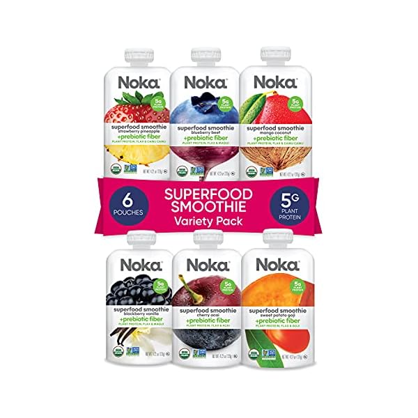 Noka Superfood Fruit Smoothie Pouches Variety Pack, Healthy Snacks with Flax Seed, Prebiotic Fiber and Plant Protein, Vegan and Gluten Free, Organic Squeeze Pouch, 4.22 oz, 6 Count