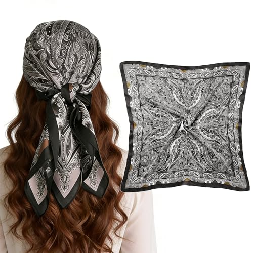 Image of KRENIE Silk Head Scarf Bandanas for Women – 70 x 70 cm Square Satin Neck Scarf – Soft Lightweight Bandana for Hair, Neck & Bag Styling – Classic Ladies Fashion Accessory (Black)
