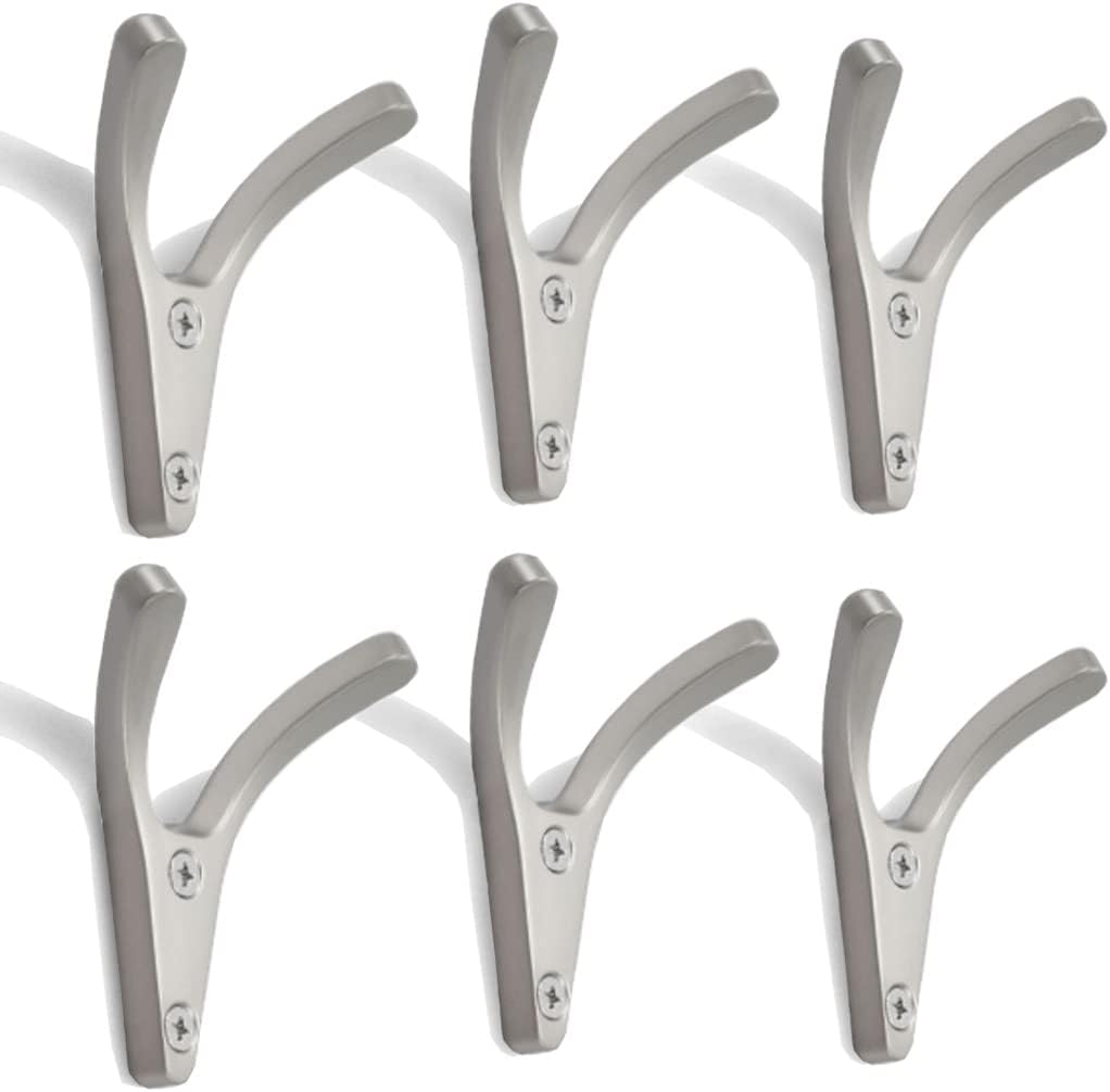 6PCS V-Shape Metal Wardrobe Hook Double Hooks,Sheep Horn Shape Coat Hooks with 12 Screws for Entryway Bedroom Bathroom Especially Suitable for Wardrobe Cupboard Shoe Cabinet (Silver, V-Shape)