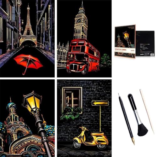 ShipeeKin 4X Kratzbilder, 290x210 MM Strassenecke der Stadt Wandbild, Beschichtete Bunte Kratzpapier mit Werkzeug Set (Strassenecke)