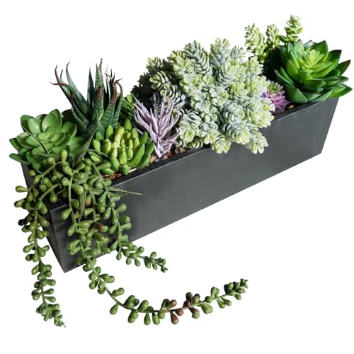 Winlyn 14" Artificial Succulent Plants Arrangement Assorted Faux Succulents in Rustic Black Rectangular Wooden Planter Box Faux Potted Plant Decor for Farmhouse Home Windowsill Shelf Table Centerpiece
