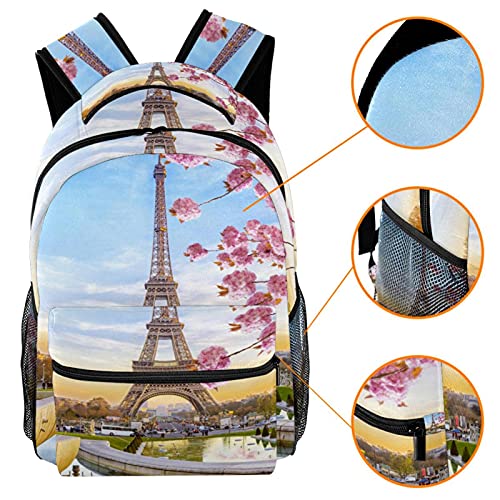 Mochila escolar de la Torre Eiffel con paisaje de París y flores para universidad y outdoor 3