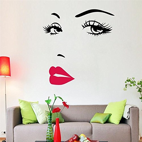 Eco-Friendly Beautiful Face And Red Lips Wall Sticker Beauty Salon Wall Window Sticker Home Living Room Bedroom Decoration Women Face Decal Finished Size 57X70Cm #TOP3