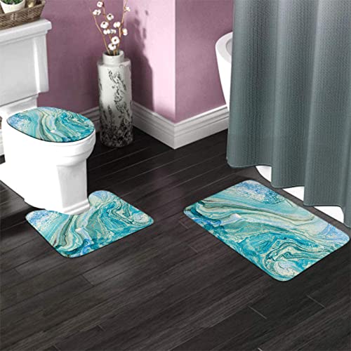 3-teiliges Badezimmerteppich-Set, kreativer Hintergrund mit abstrakten, ölgemalten Wellen, waschbarer Badeteppich, rutschfest, mit Rückenpolster, Konturteppich und Toilettendeckelbezug – Bild 4