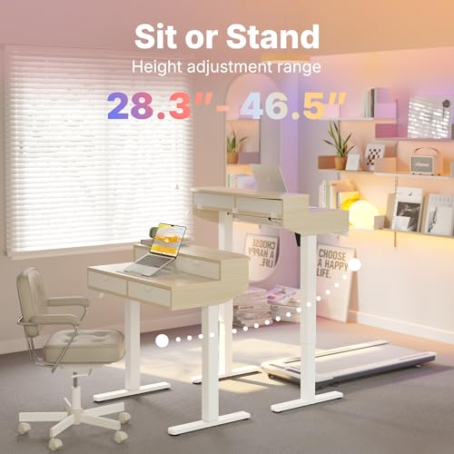 Image of HUANUO 32 X 20 inch Electric Standing Desk with 4 Drawers, Adjustable Height Sit Stand Home Office Desk, C-Clamp Mount Compatible, Ergonomic Stand up Desk with 4 Preset Heights, Natural